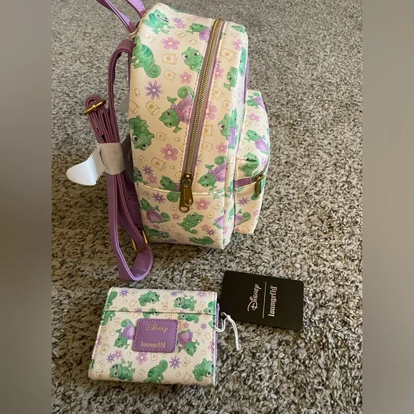 Loungefly Disney Tangled Rapunzel & Pascal Flowers AOP Mini Backpack & Wallet